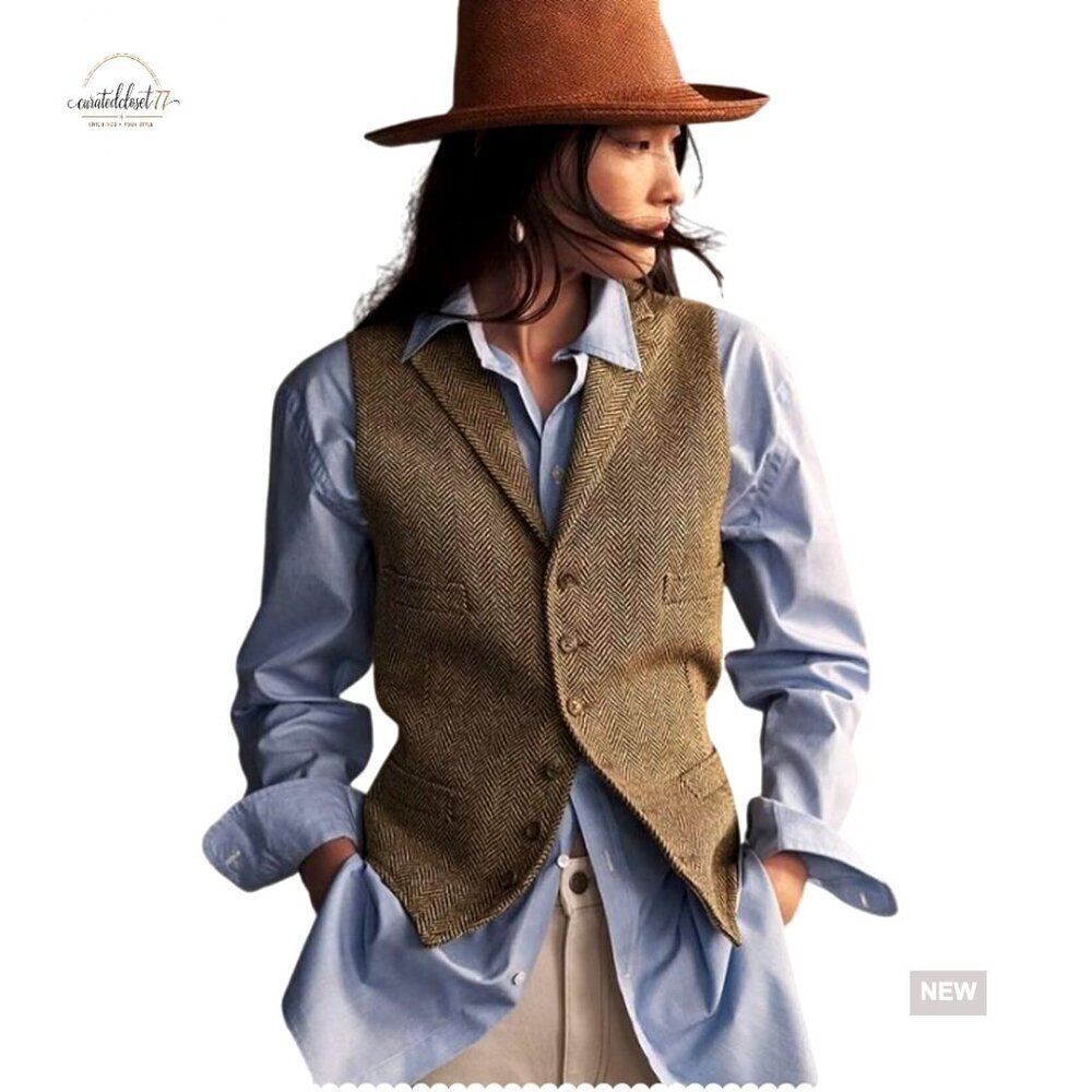 Herringbone Tweed Waistcoat Lapel Sleeveless Blazer Vest Medium Regular Fit
